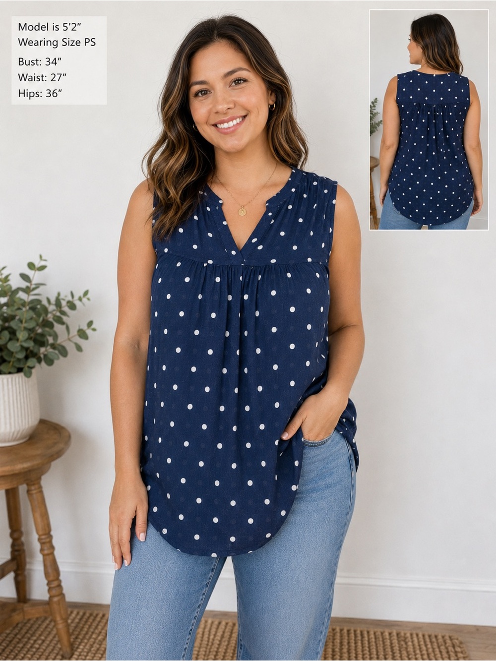 St. John’s Bay Women’s Petite Small (PS) Sleeveless Polka Dot Blouse